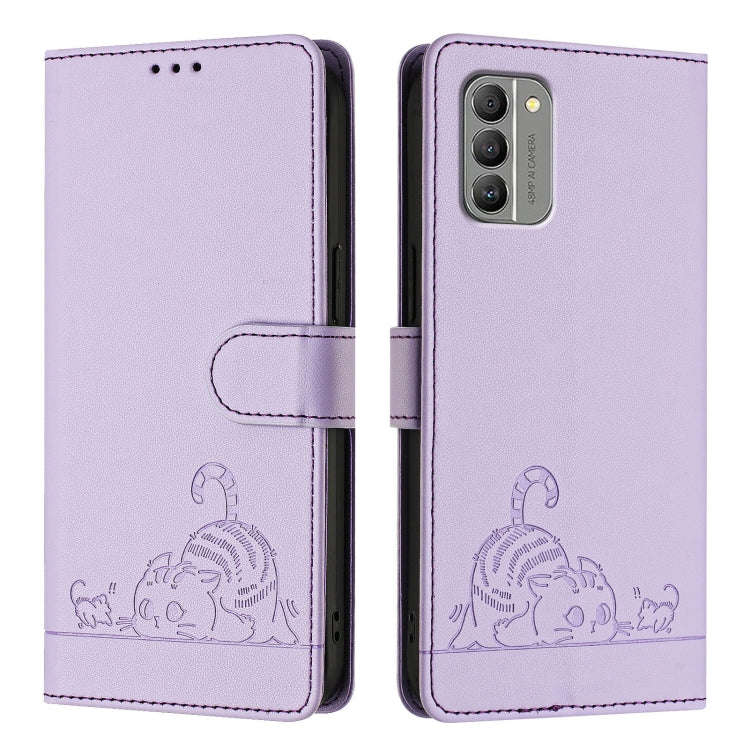 For Nokia G400 Cat Rat Embossed RFID Leather Phone Case with Lanyard(Purple)