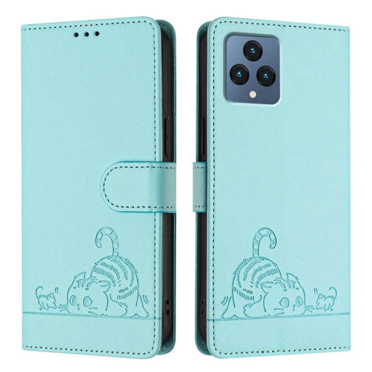 For T-Mobile REVVL 6 / 6x 5G Cat Rat Embossed RFID Leather Phone Case with Lanyard(Mint Green)