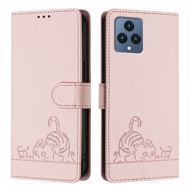 For T-Mobile REVVL 6 / 6x 5G Cat Rat Embossed RFID Leather Phone Case with Lanyard(Pink)