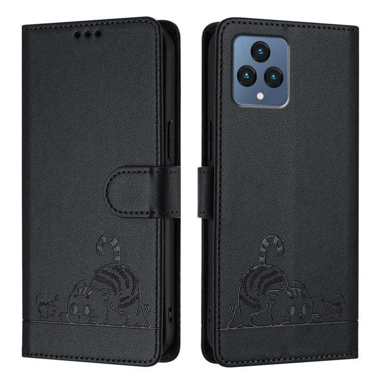 For T-Mobile REVVL 6 / 6x 5G Cat Rat Embossed RFID Leather Phone Case with Lanyard(Black)
