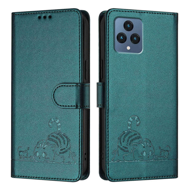 For T-Mobile REVVL 6 / 6x 5G Cat Rat Embossed RFID Leather Phone Case with Lanyard(Peacock Green)