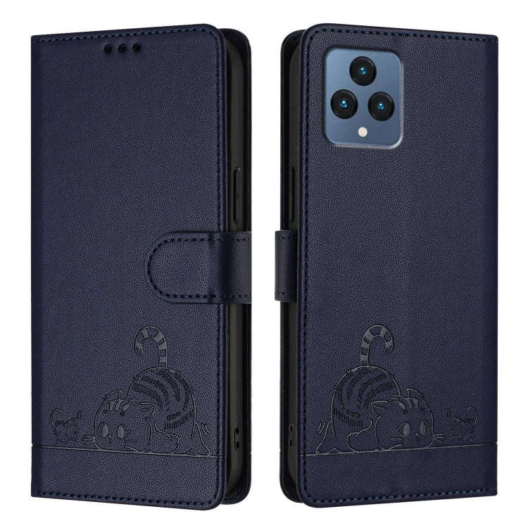 For T-Mobile REVVL 6 / 6x 5G Cat Rat Embossed RFID Leather Phone Case with Lanyard(Blue)