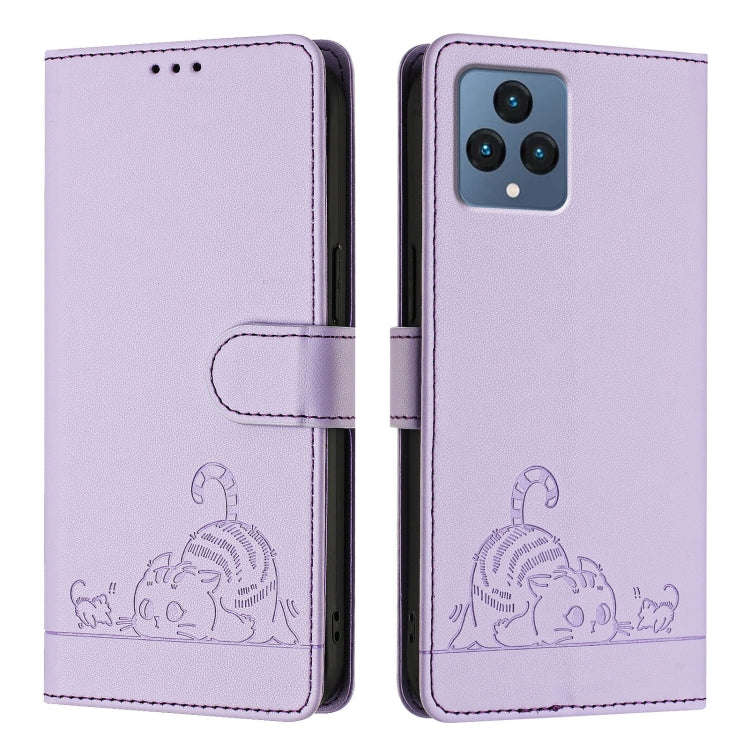 For T-Mobile REVVL 6 / 6x 5G Cat Rat Embossed RFID Leather Phone Case with Lanyard(Purple)