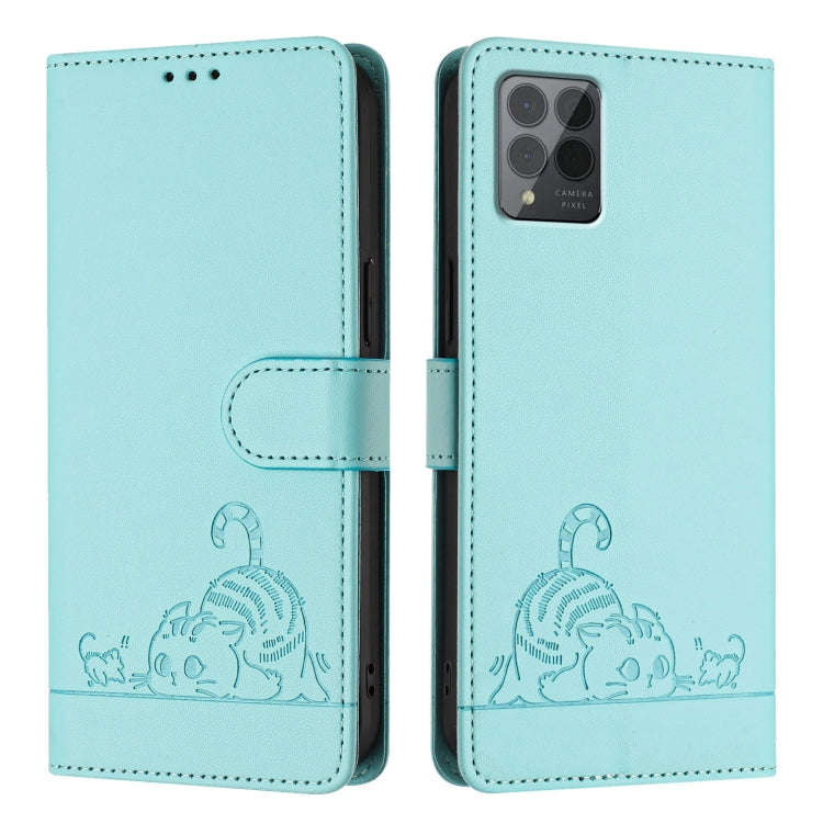 For T-Mobile REVVL 6 Pro / 6x Pro Cat Rat Embossed RFID Leather Phone Case with Lanyard(Mint Green)
