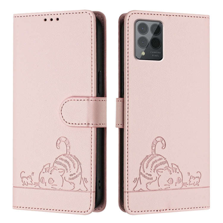 For T-Mobile REVVL 6 Pro / 6x Pro Cat Rat Embossed RFID Leather Phone Case with Lanyard(Pink)