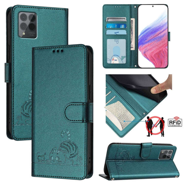 For T-Mobile REVVL 6 Pro / 6x Pro Cat Rat Embossed RFID Leather Phone Case with Lanyard(Peacock G...