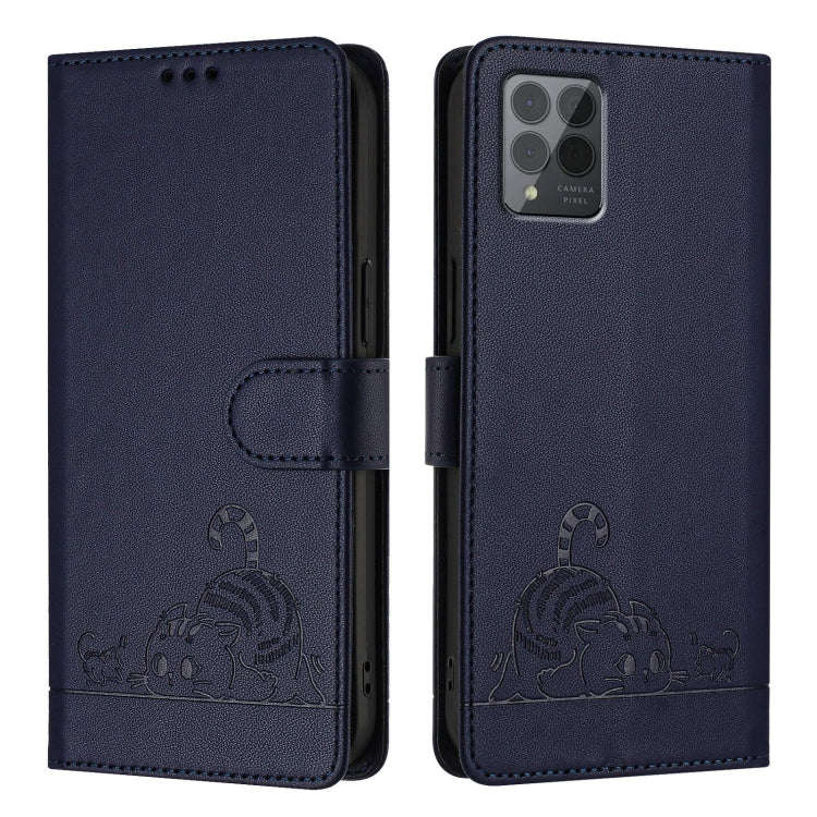 For T-Mobile REVVL 6 Pro / 6x Pro Cat Rat Embossed RFID Leather Phone Case with Lanyard(Blue)
