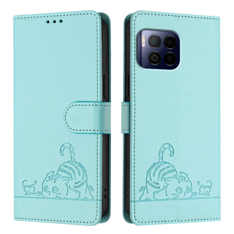 For T-Mobile REVVL 7 Pro 5G Cat Rat Embossed RFID Leather Phone Case with Lanyard(Mint Green)