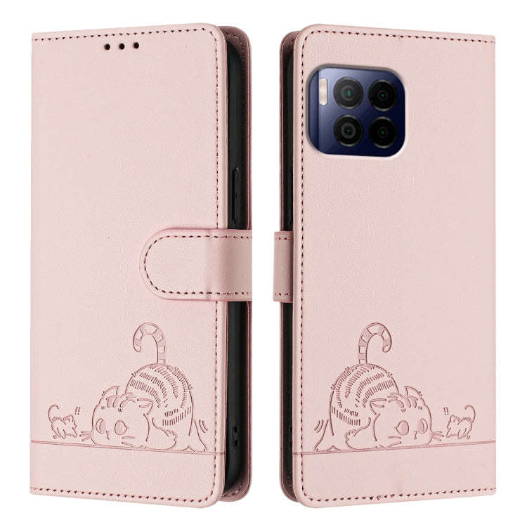 For T-Mobile REVVL 7 Pro 5G Cat Rat Embossed RFID Leather Phone Case with Lanyard(Pink)