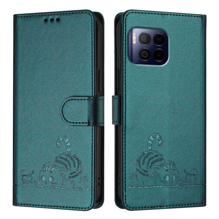 For T-Mobile REVVL 7 Pro 5G Cat Rat Embossed RFID Leather Phone Case with Lanyard(Peacock Green)