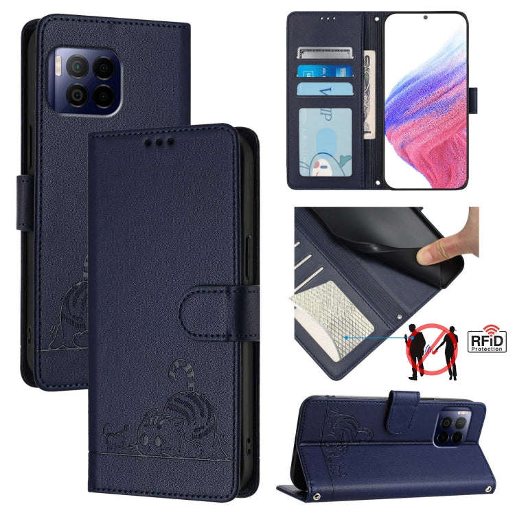 For T-Mobile REVVL 7 Pro 5G Cat Rat Embossed RFID Leather Phone Case with Lanyard(Blue)