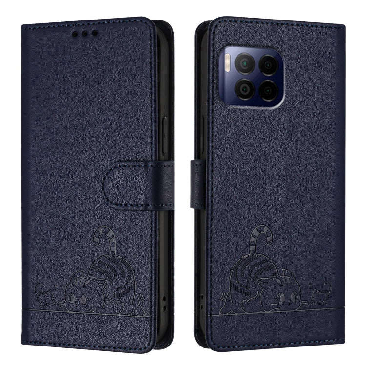 For T-Mobile REVVL 7 Pro 5G Cat Rat Embossed RFID Leather Phone Case with Lanyard(Blue)