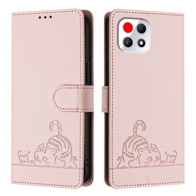 For T-Mobile REVVL 7 5G Cat Rat Embossed RFID Leather Phone Case with Lanyard(Pink)