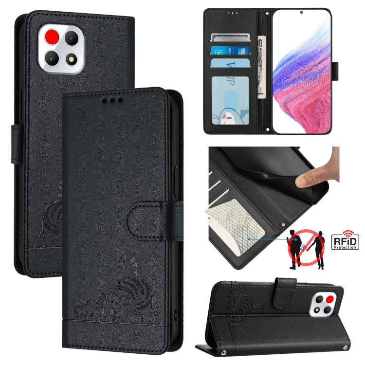 For T-Mobile REVVL 7 5G Cat Rat Embossed RFID Leather Phone Case with Lanyard(Black)
