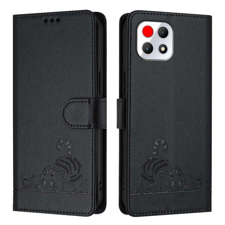 For T-Mobile REVVL 7 5G Cat Rat Embossed RFID Leather Phone Case with Lanyard(Black)