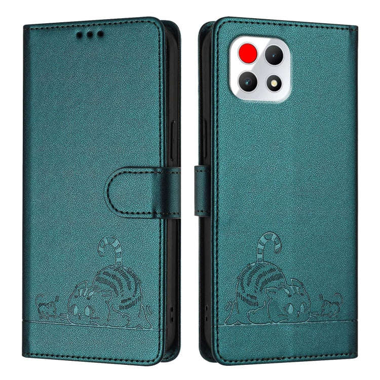 For T-Mobile REVVL 7 5G Cat Rat Embossed RFID Leather Phone Case with Lanyard(Peacock Green)