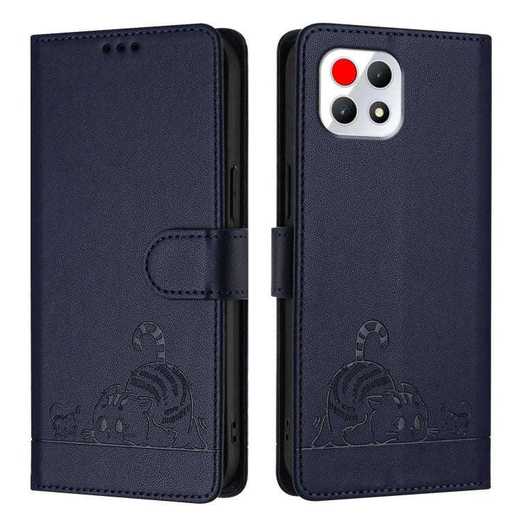 For T-Mobile REVVL 7 5G Cat Rat Embossed RFID Leather Phone Case with Lanyard(Blue)