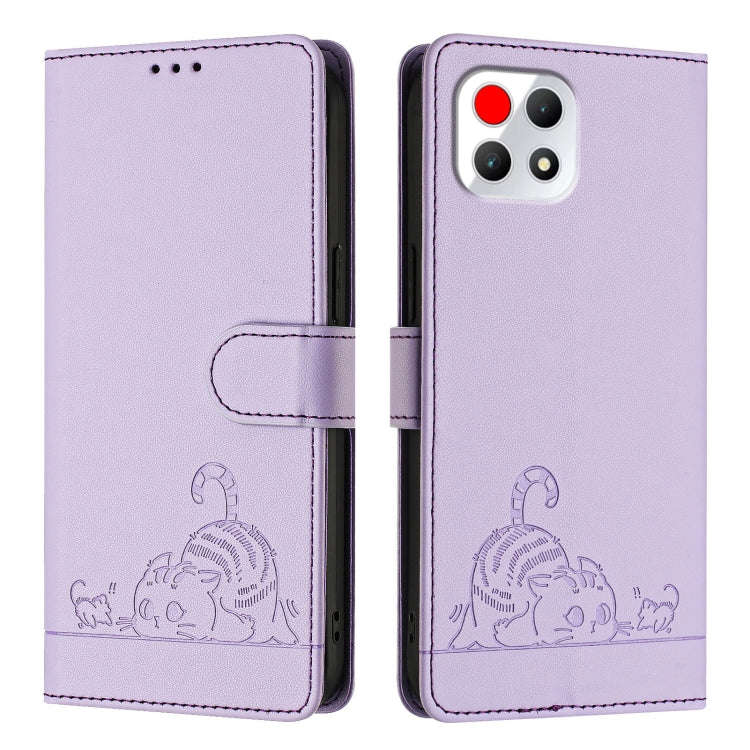 For T-Mobile REVVL 7 5G Cat Rat Embossed RFID Leather Phone Case with Lanyard(Purple)