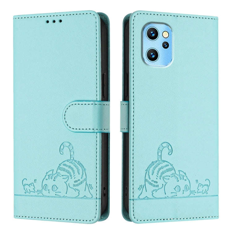 For UMIDIGI Power 7 Max Cat Rat Embossed RFID Leather Phone Case with Lanyard(Mint Green)