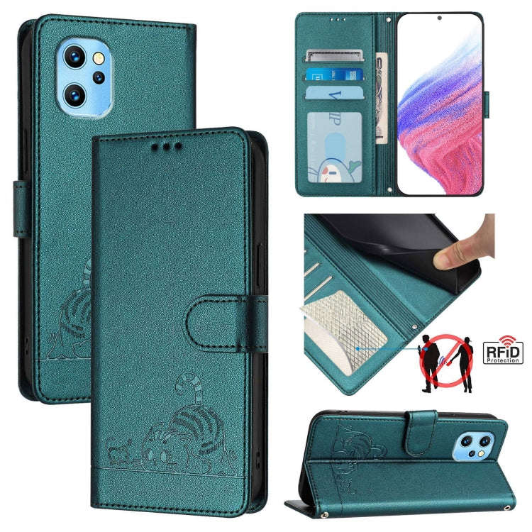 For UMIDIGI Power 7 Max Cat Rat Embossed RFID Leather Phone Case with Lanyard(Peacock Green)