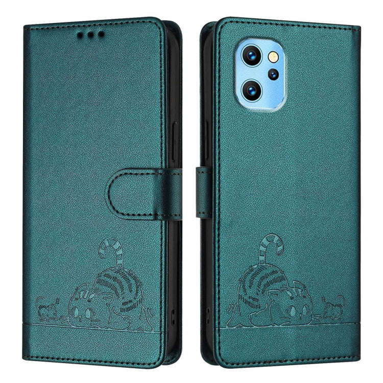 For UMIDIGI Power 7 Max Cat Rat Embossed RFID Leather Phone Case with Lanyard(Peacock Green)