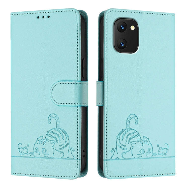 For UMIDIGI Power 7 / Power 7S Cat Rat Embossed RFID Leather Phone Case with Lanyard(Mint Green)