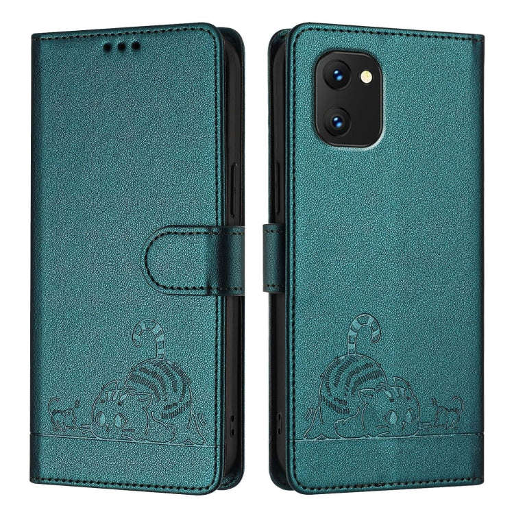 For UMIDIGI Power 7 / Power 7S Cat Rat Embossed RFID Leather Phone Case with Lanyard(Peacock Green)