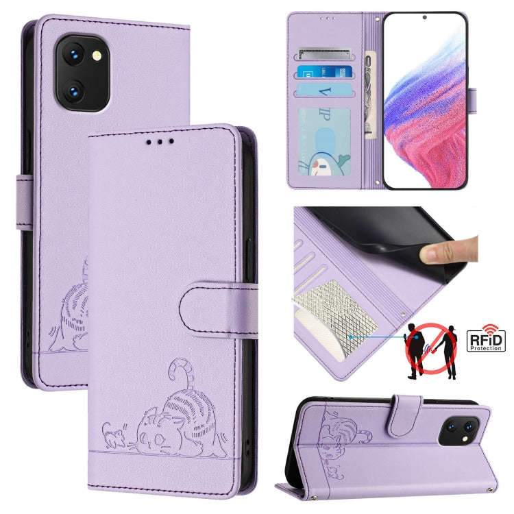For UMIDIGI Power 7 / Power 7S Cat Rat Embossed RFID Leather Phone Case with Lanyard(Purple)