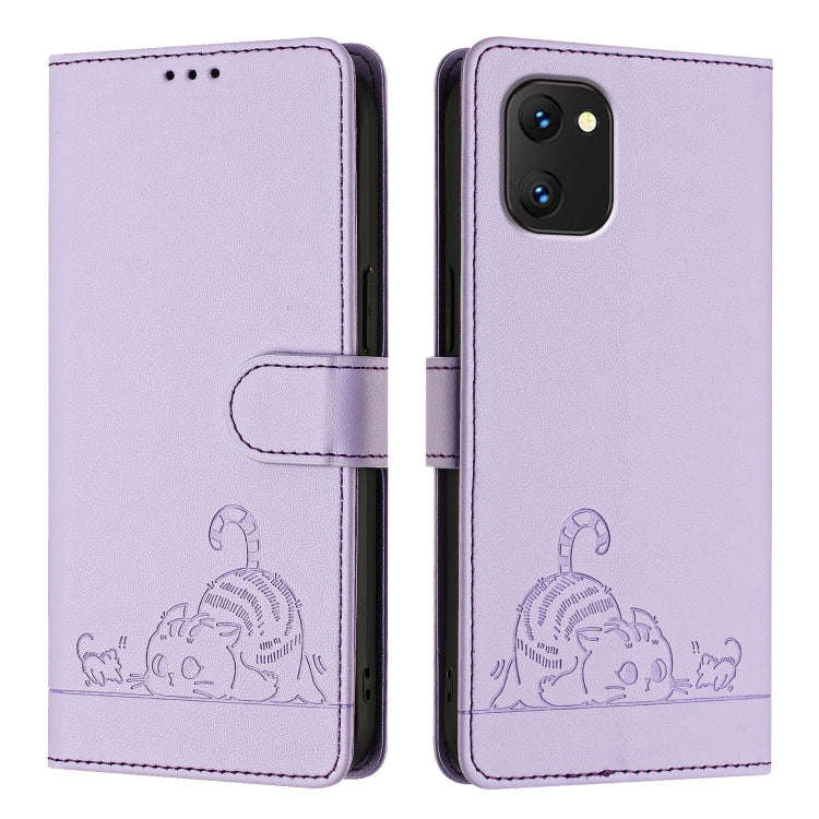 For UMIDIGI Power 7 / Power 7S Cat Rat Embossed RFID Leather Phone Case with Lanyard(Purple)