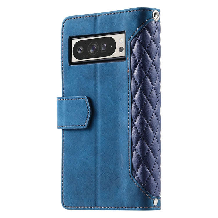 For Google Pixel 9 Pro XL Grid Texture Zipper Leather Phone Case with Lanyard(Blue)