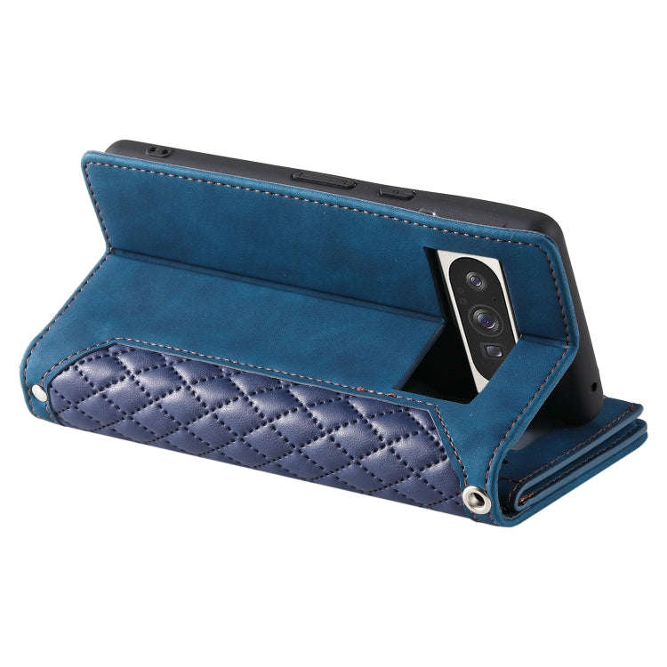 For Google Pixel 9 Pro XL Grid Texture Zipper Leather Phone Case with Lanyard(Blue)