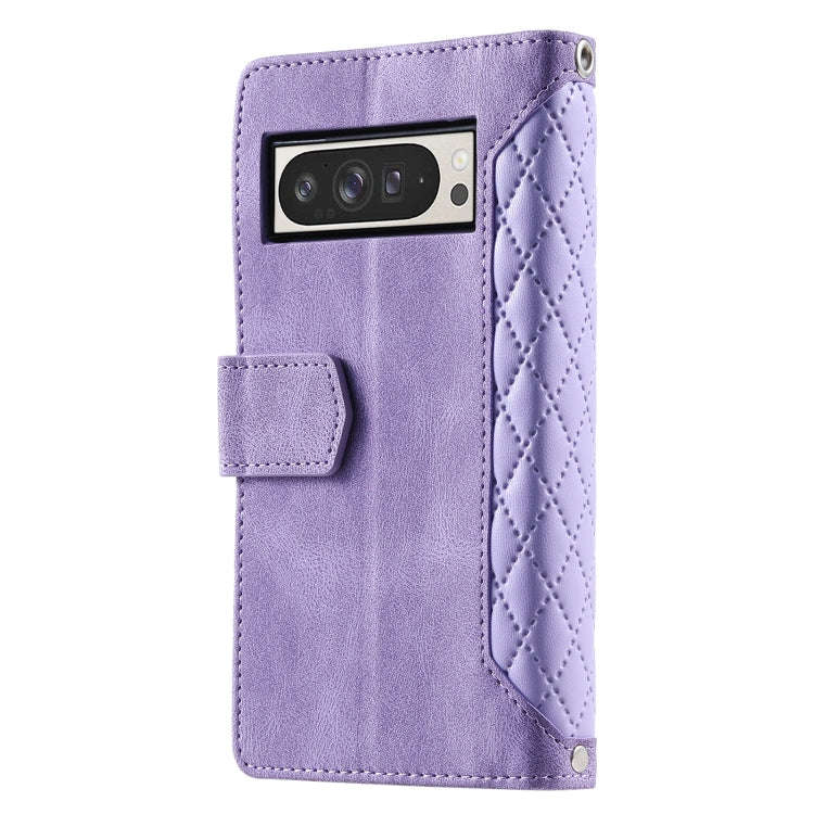 For Google Pixel 9 Pro XL Grid Texture Zipper Leather Phone Case with Lanyard(Purple)