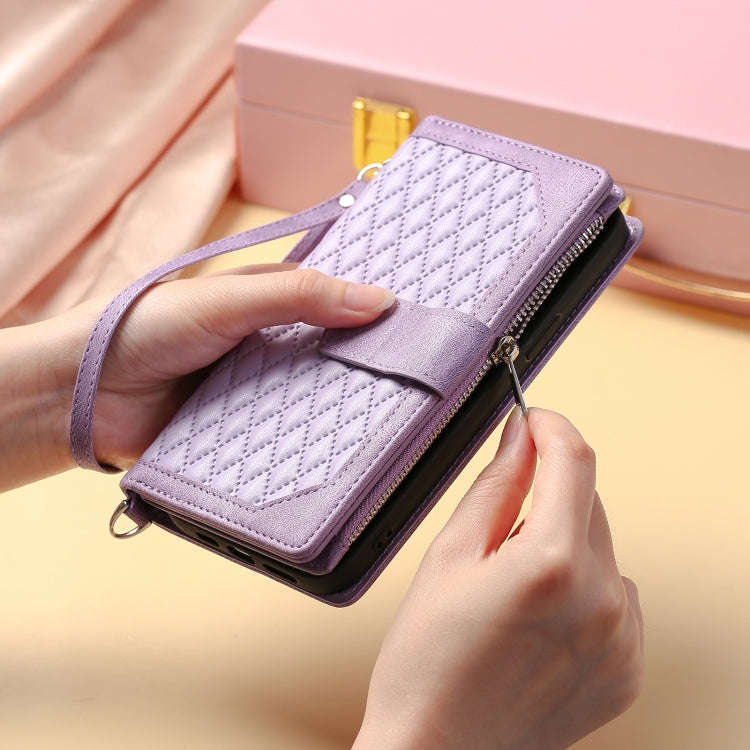 For Google Pixel 9 Pro XL Grid Texture Zipper Leather Phone Case with Lanyard(Purple)