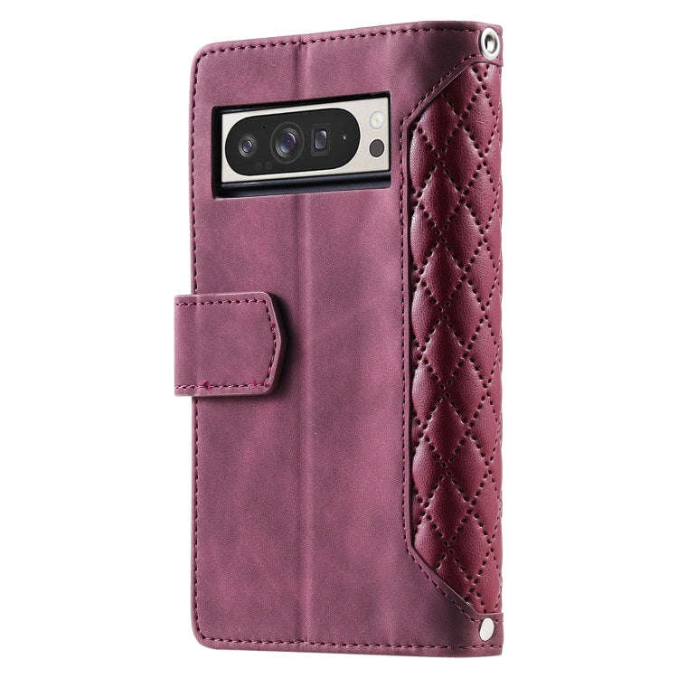 For Google Pixel 9 Pro XL Grid Texture Zipper Leather Phone Case with Lanyard(Wine Red)