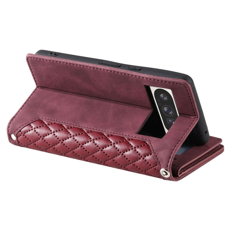 For Google Pixel 9 Pro XL Grid Texture Zipper Leather Phone Case with Lanyard(Wine Red)