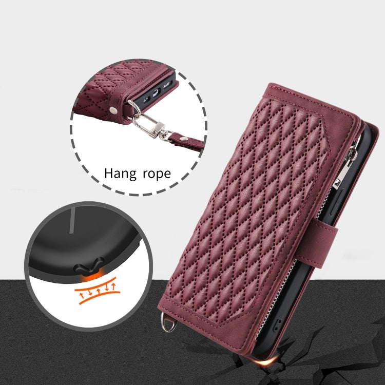 For Google Pixel 9 Pro XL Grid Texture Zipper Leather Phone Case with Lanyard(Wine Red)