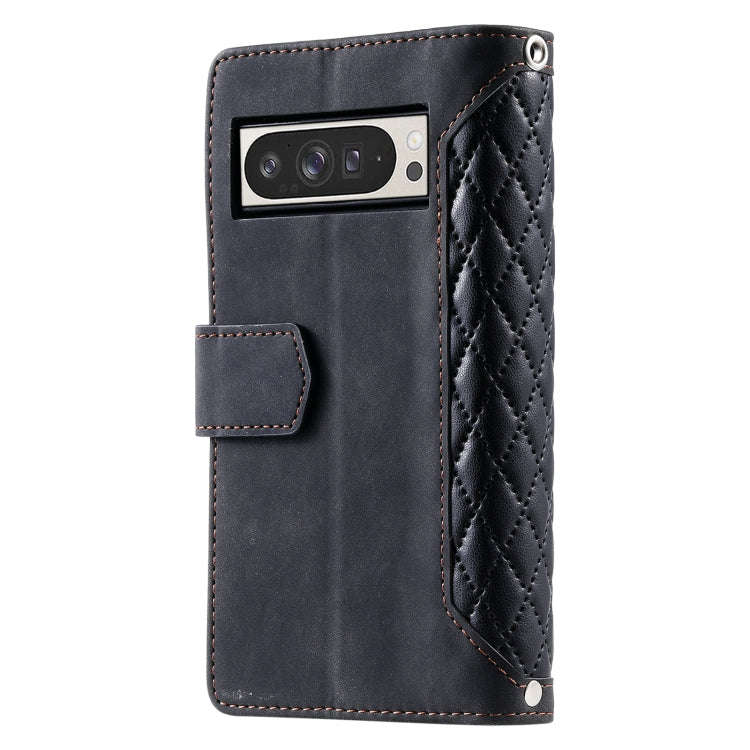 For Google Pixel 9 Pro XL Grid Texture Zipper Leather Phone Case with Lanyard(Black)