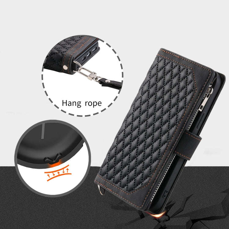 For Google Pixel 9 Pro XL Grid Texture Zipper Leather Phone Case with Lanyard(Black)