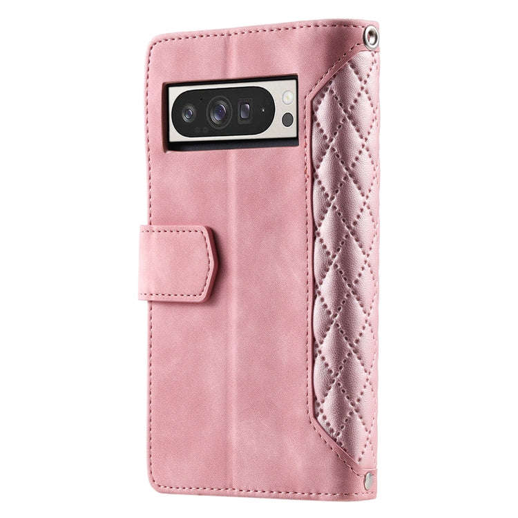 For Google Pixel 9 Pro XL Grid Texture Zipper Leather Phone Case with Lanyard(Rose Gold)