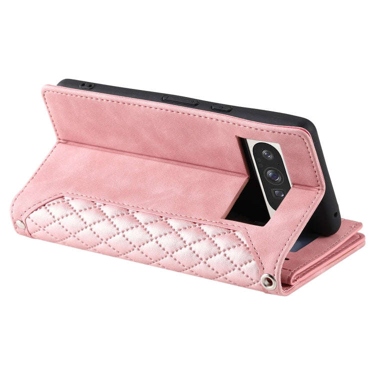 For Google Pixel 9 Pro XL Grid Texture Zipper Leather Phone Case with Lanyard(Rose Gold)