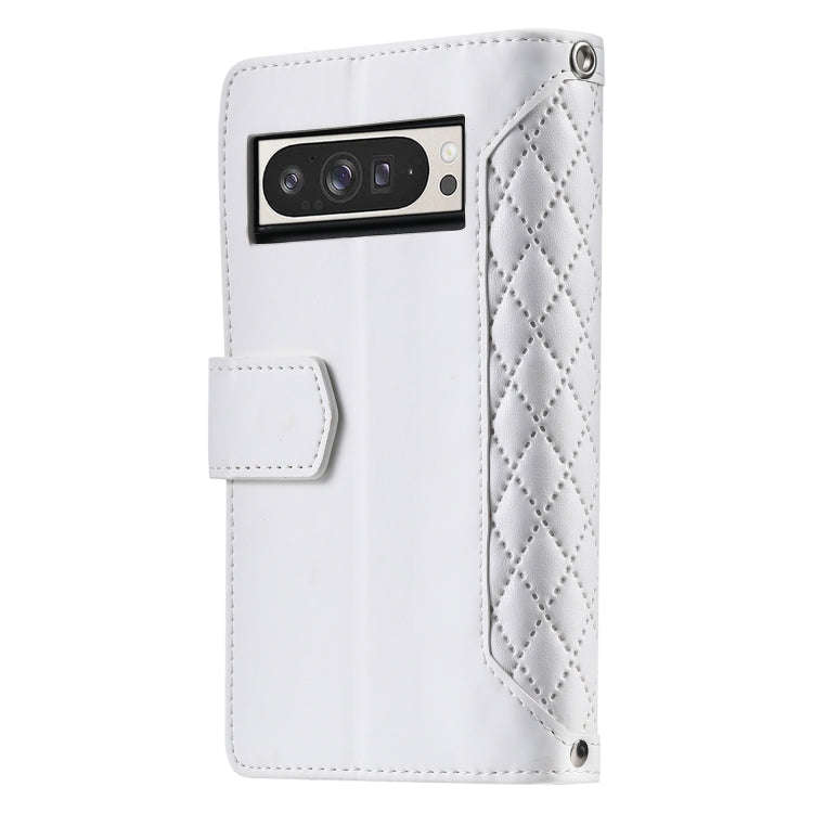 For Google Pixel 9 Pro XL Grid Texture Zipper Leather Phone Case with Lanyard(White)