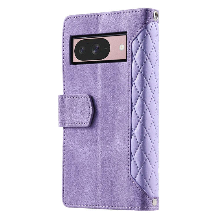 For Google Pixel 9 / 9 Pro Grid Texture Zipper Leather Phone Case with Lanyard(Purple)