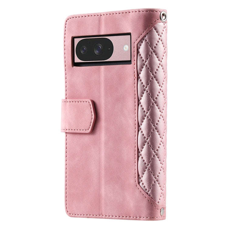 For Google Pixel 9 / 9 Pro Grid Texture Zipper Leather Phone Case with Lanyard(Rose Gold)