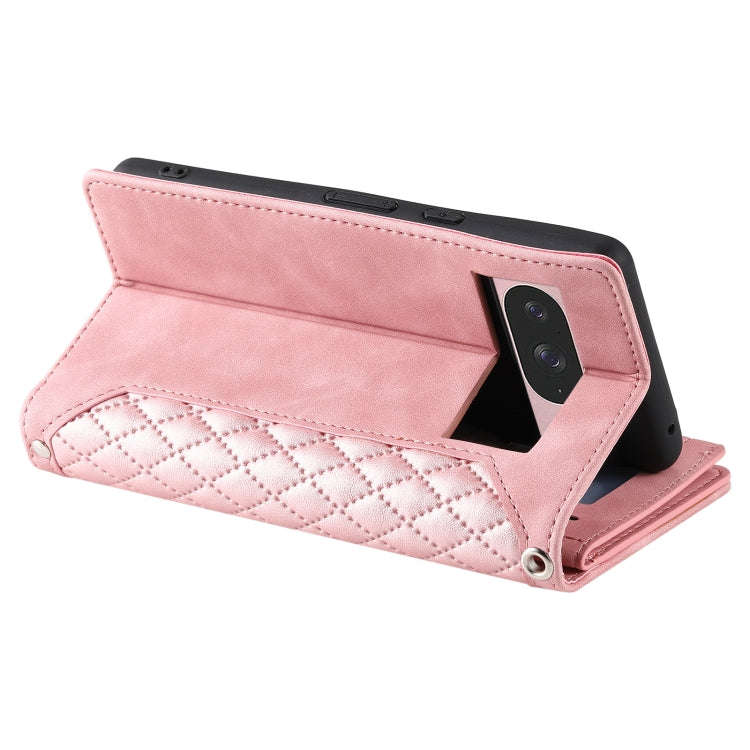 For Google Pixel 9 / 9 Pro Grid Texture Zipper Leather Phone Case with Lanyard(Rose Gold)