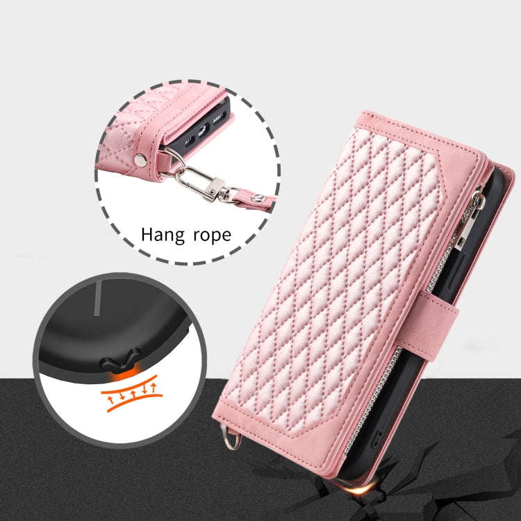 For Google Pixel 9 / 9 Pro Grid Texture Zipper Leather Phone Case with Lanyard(Rose Gold)