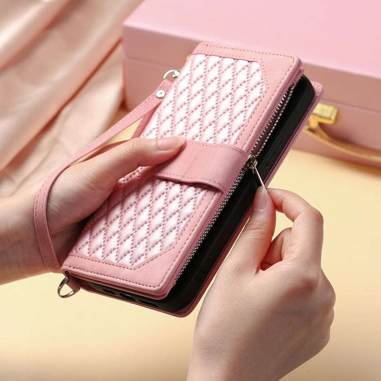 For Google Pixel 9 / 9 Pro Grid Texture Zipper Leather Phone Case with Lanyard(Rose Gold)