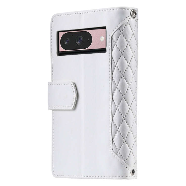 For Google Pixel 9 / 9 Pro Grid Texture Zipper Leather Phone Case with Lanyard(White)