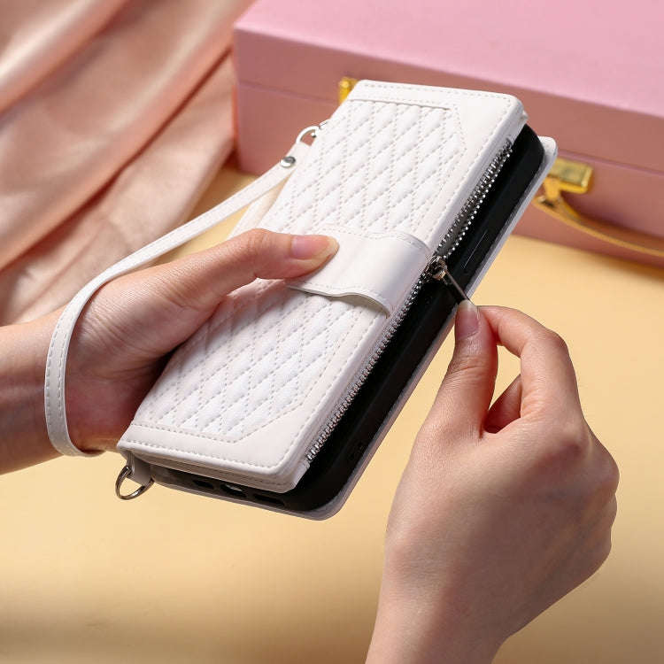 For Google Pixel 9 / 9 Pro Grid Texture Zipper Leather Phone Case with Lanyard(White)