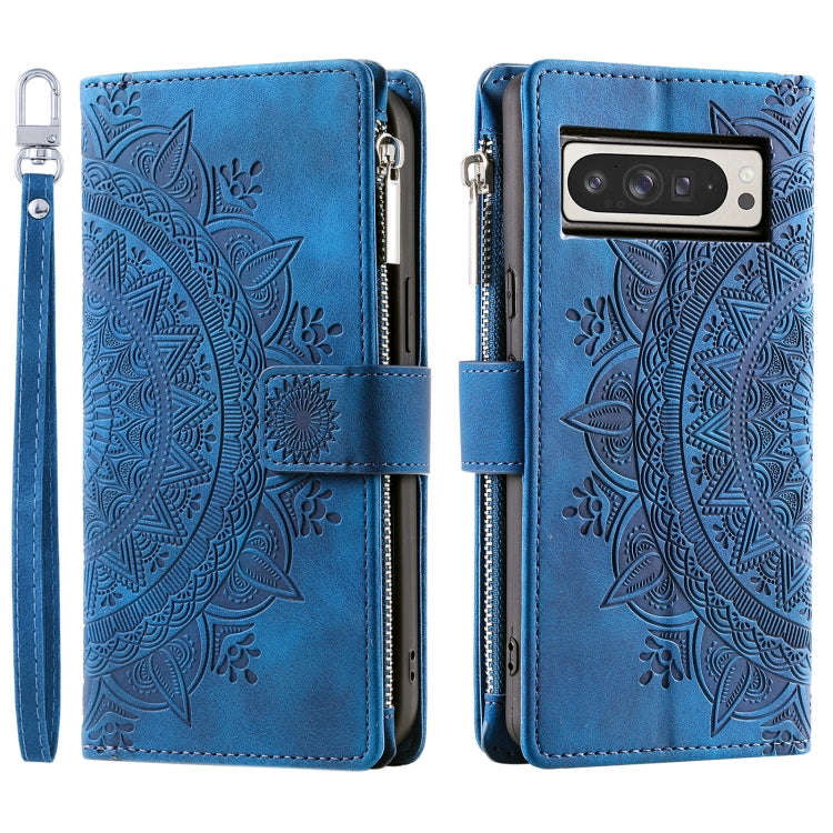 For Google Pixel 9 Pro XL Multi-Card Totem Zipper Leather Phone Case(Blue)