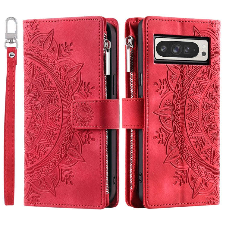 For Google Pixel 9 Pro XL Multi-Card Totem Zipper Leather Phone Case(Red)